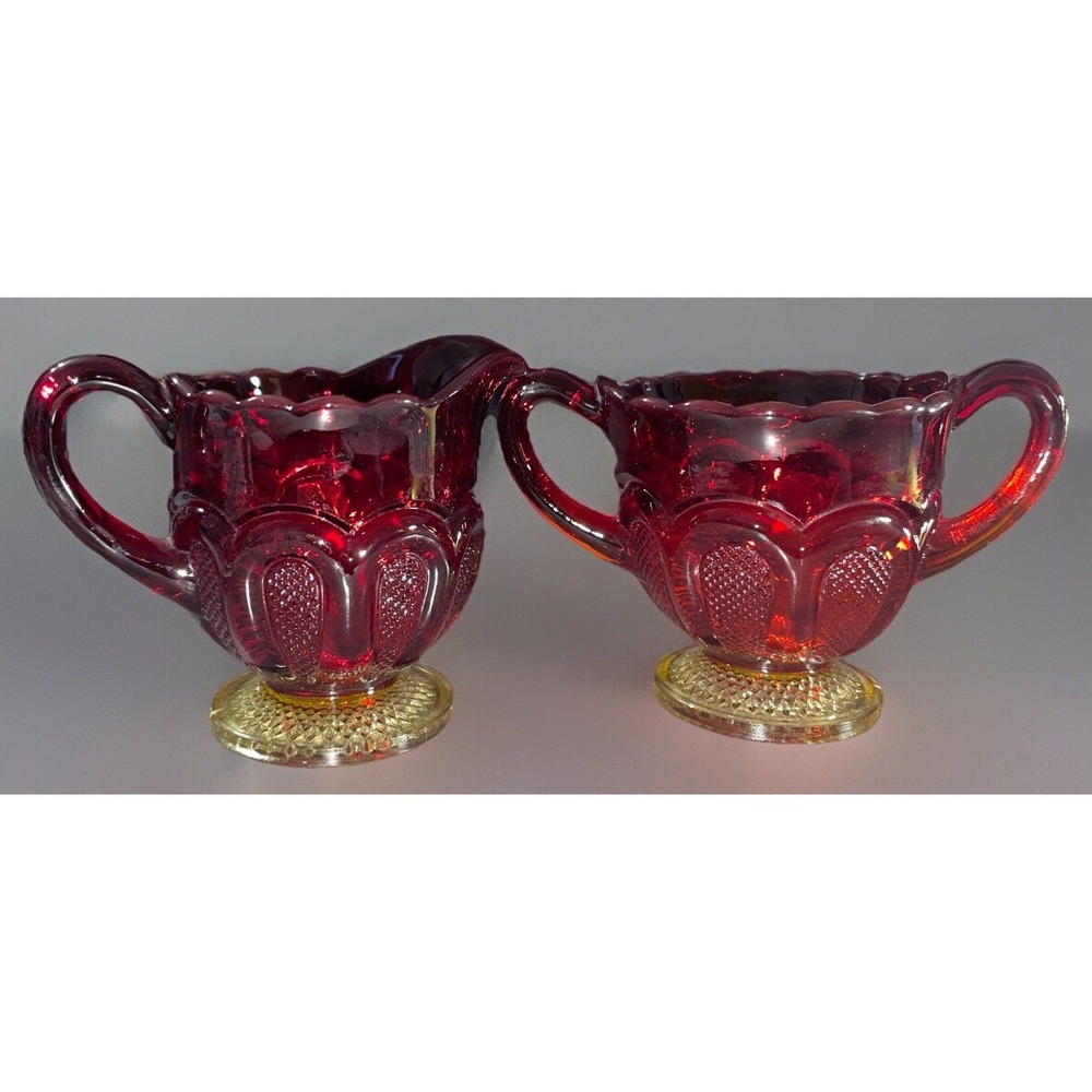 Vintage✨Amberina Open Sugar and Creamer‎ Set Cadmium Glow